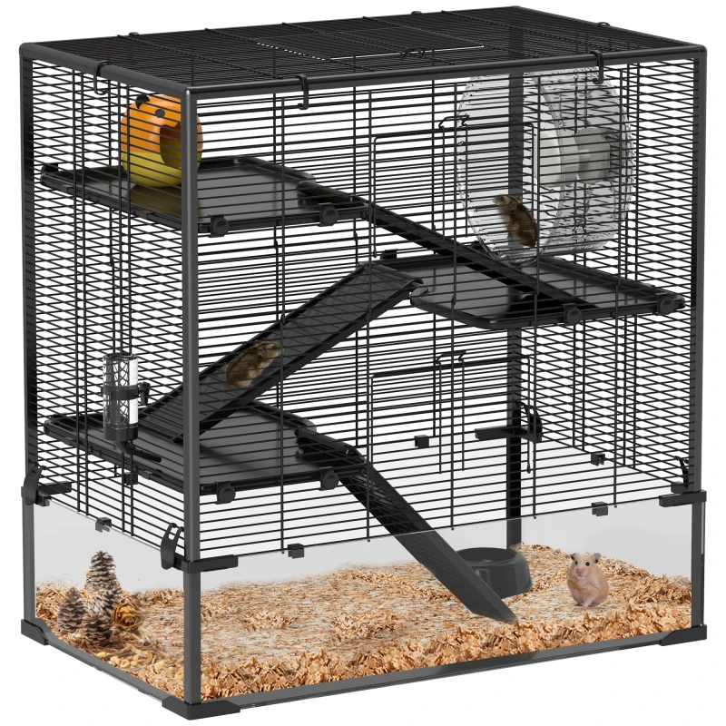 Image of PawHut 4 Tiers Hamster Cage w/ Deep Tempered Glass Bottom 78.5 x 48.5 x 80cm TJ Hughes Black 5063603528314