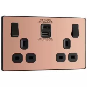 Image of BG Evolve Polished Copper Double Switched 13A Power Socket with USB C 30W & USB A (2.1A)