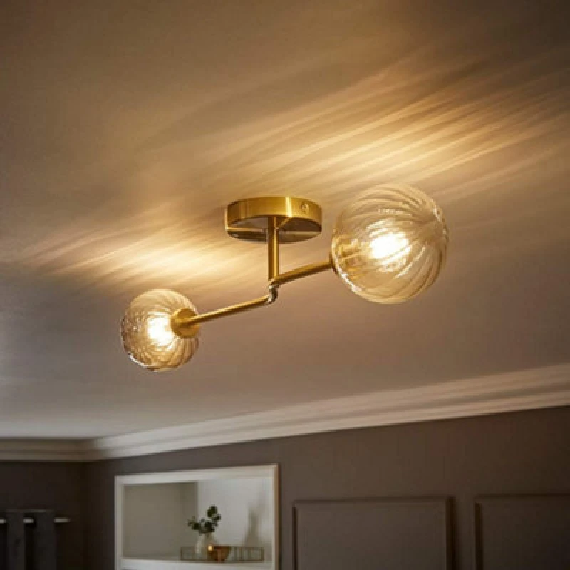 Image of ValueLights Chessy Asymmetric Ribbed Glass Globe Gold Bar Ceiling Light Gold