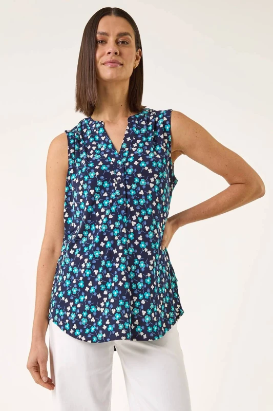 Image of Roman Womens Floral Puff Print Vest Top in Navy Size: 16 Navy Female 16