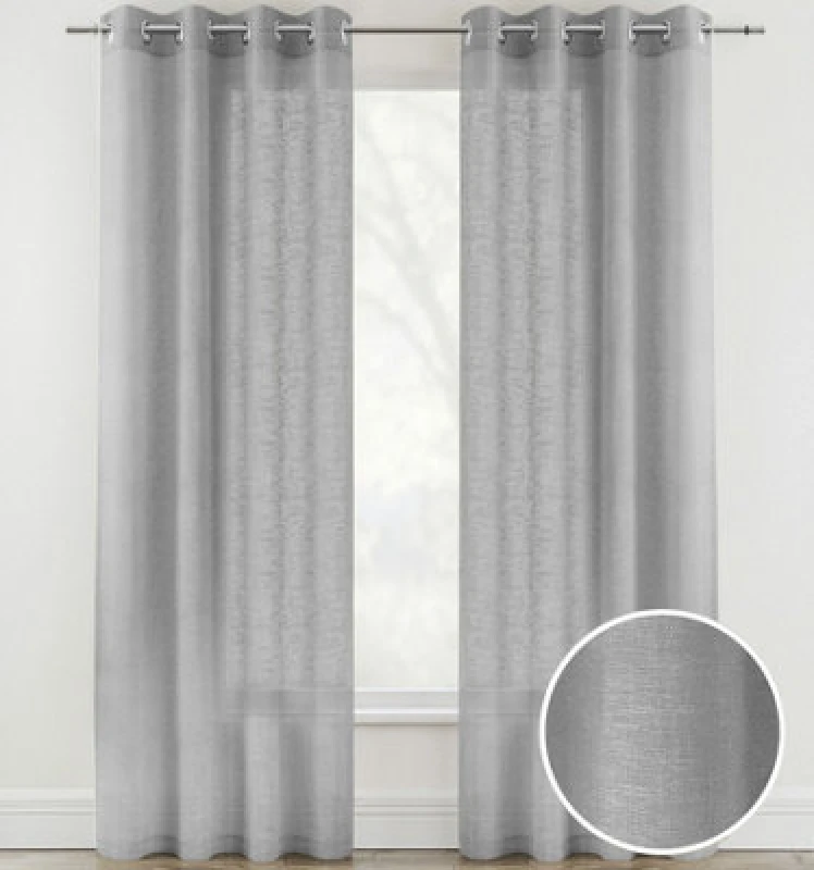 Image of Tyrone Textiles Linen Look Sheer Voile Panel Pair with Eyelet Header - Ideal for Living Rooms & Bedrooms Silver