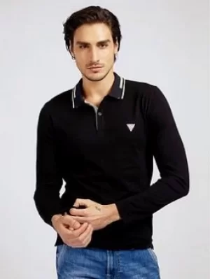 Image of Guess Guess Jeans Classic Tipped Jersey Long Sleeve Polo Shirt, Jet Black, Size 2XL, Men