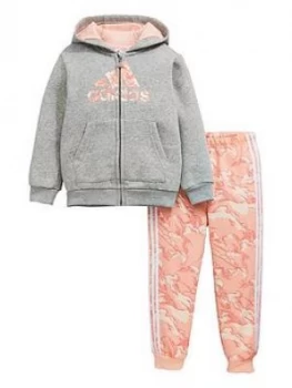 Image of Adidas Infants Logo Full Zip Hood Fleece And Joggers Set - Grey Heather
