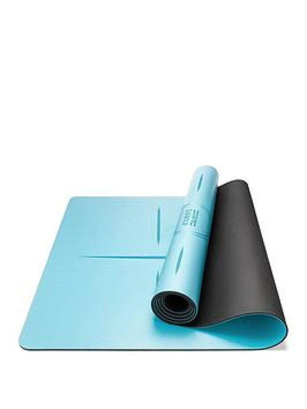 Image of Core Balance Rubber Yoga Mat With Body Alignment Lines Non Slip Extra Wide Blue