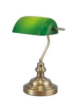 Image of Morgan Bankers Table Lamp 1 Light E27 Antique Brass, Green Glass