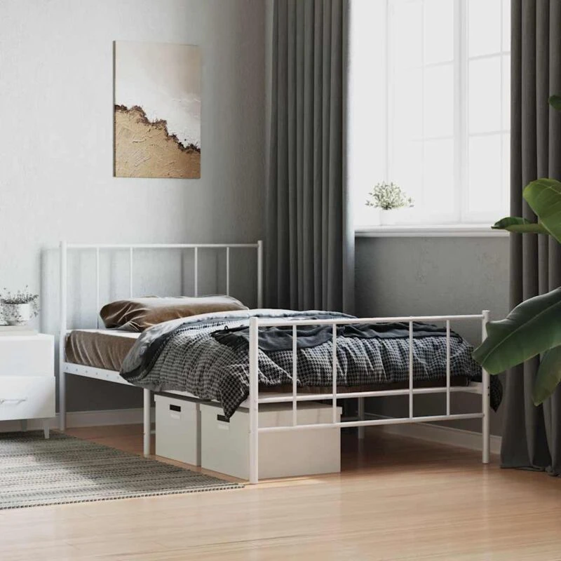 Image of Vidaxl Metal Bed Frame Without Mattress With Footboard White 75X190Cm