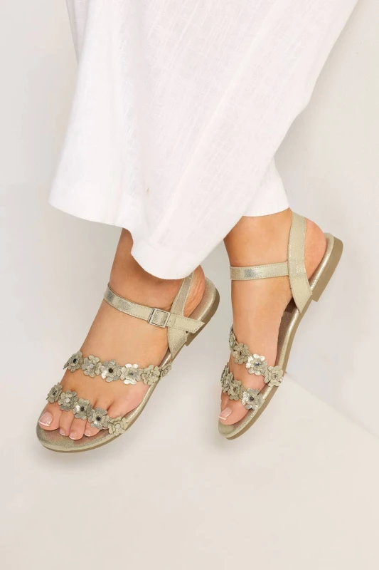 Image of Yours Womens Ditsy Floral Sandals In Wide E & Extra Wide EEE Fit in Gold Size: 5EEE Gold Female 5EEE