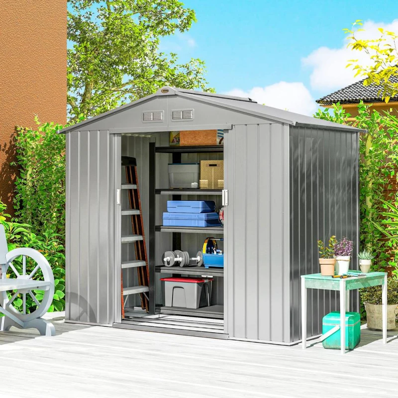 Image of Outsunny 7 x 4ft Garden Shed Storage w/ Foundation Kit, Vents, Light Grey 845-030V02SR