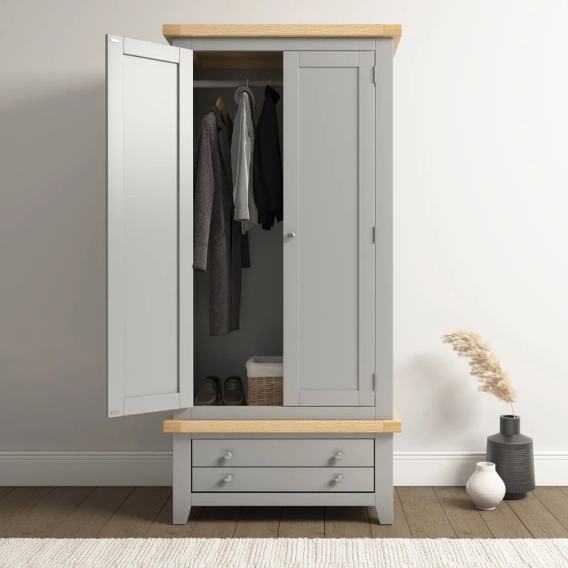 Image of Seconique Windsor 2 Door 1 Drawer Wardrobe Pebble Grey With Oak Trim Part Assembled