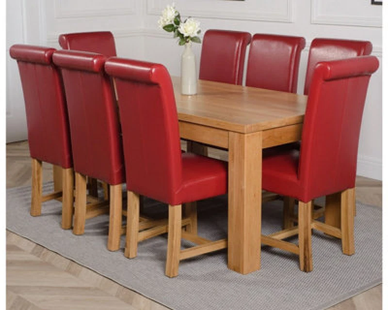 Image of Thats Furniture Dakot 182 x 92cm Oak Large Dining Table & 8 Washington Leather Chairs in Red Size: 182 x 92cm Red Unisex 182 x 92 cm