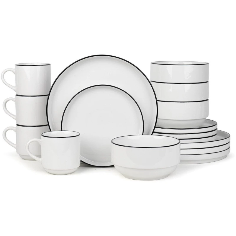 Image of Waterside 16pc Stackable White with Black Rim Dinner Set White unisex ONE SIZE