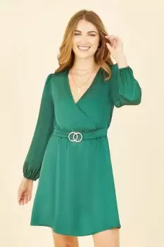 Image of Green Satin Wrap Dress With Long Sleeves and Buckle Waist