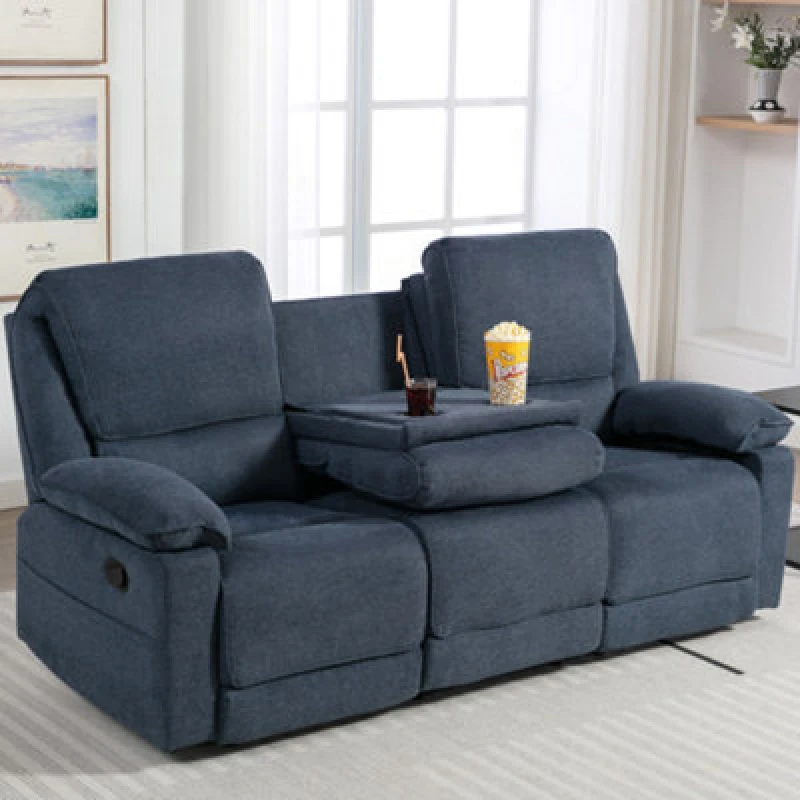 Image of More4Homes Sydney 3 Seater Fabric Manual Recliner Sofa with Drinks Console Blue