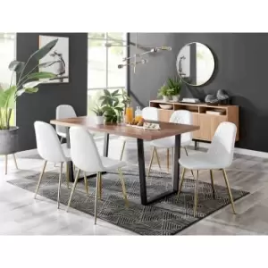 Image of Furniture Box Kylo Brown Wood Effect Dining Table and 6 White Corona Gold Leg Chairs