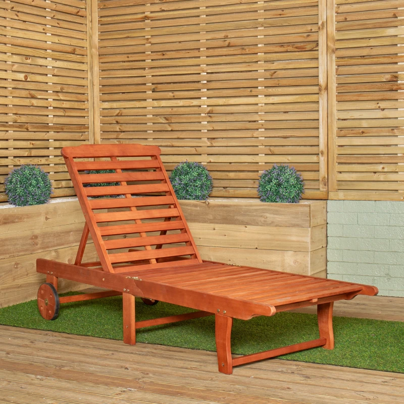 Image of 1.9m x 0.6m Outdoor Wooden Adjustable Foldable Sunlounger with Wheels
