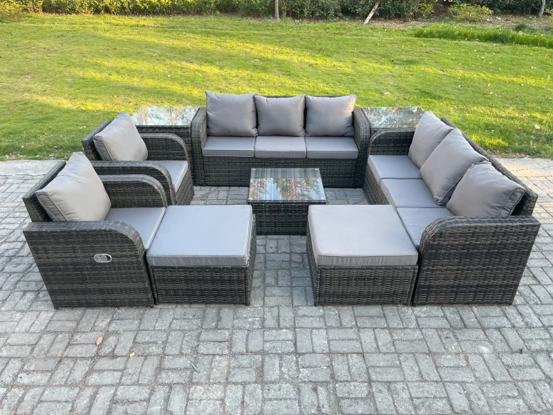 Image of Fimous High Back Rattan Garden Furniture Set with Square Coffee Table 2 Big Footstool 2 Side Tables Indoor Outdoor Patio Lounge Sofa Set Dark Grey