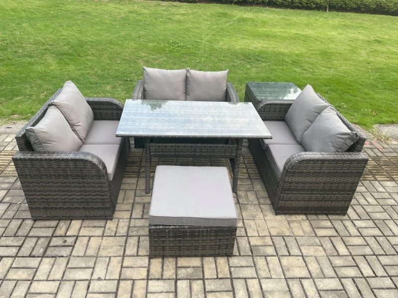 Image of Fimous Wicker PE Rattan Sofa Outdoor Garden Furniture Set with Rectangular Dining Table Big Footstool Side Table Dark Grey Mixed Dark Grey Unisex