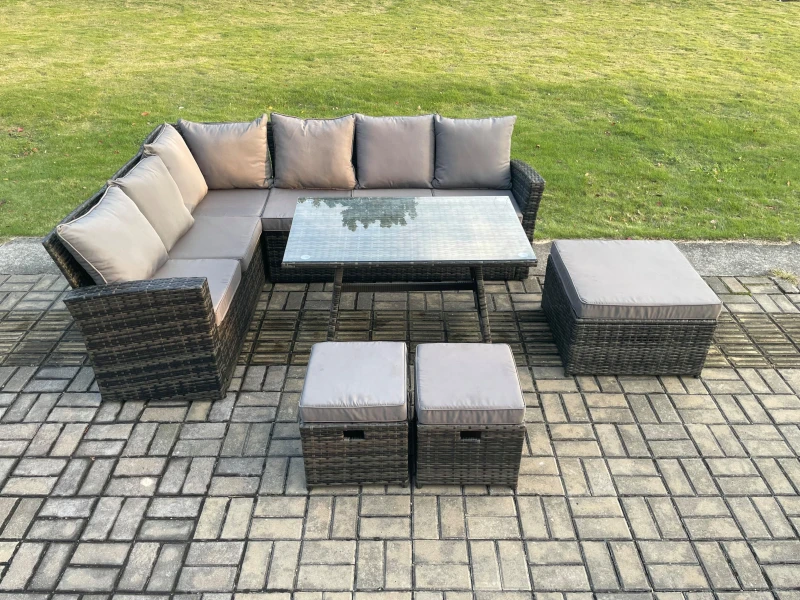 Image of Fimous Outdoor Furniture Garden Dining Set Rattan Corner Sofa Set with Rectangular Dining Table 3 Footstools Dark Grey Mixed Dark Grey