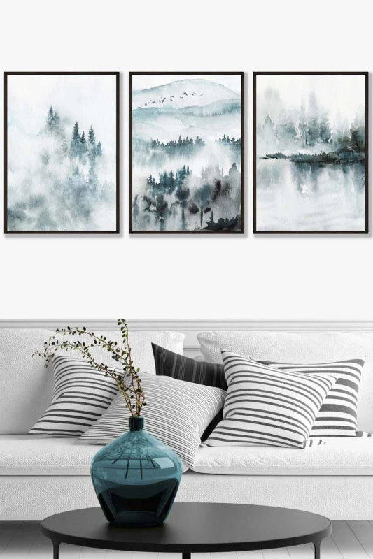Image of ARTZE Set of 3 Black Framed Teal Blue Abstract Forest Lake Wall Art Size: W45cm x H62cm x D20mm Teal Unisex W45cm x H62cm x D20mm