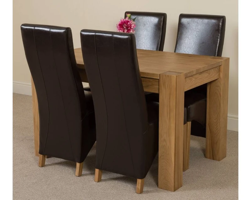 Image of Thats Furniture Kuba 125 x 80cm Chunky Oak Small Dining Table & 4 Lola Leather Chairs in Brown Brown Unisex 125 x 80 cm