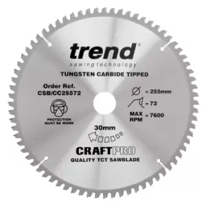 Image of Trend CRAFTPRO Wood Cutting Mitre Saw Blade 255mm 72T 30mm