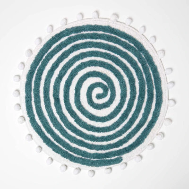 Image of Homescapes Spiral Teal Cotton Bath Mat With Pom Pom Edges