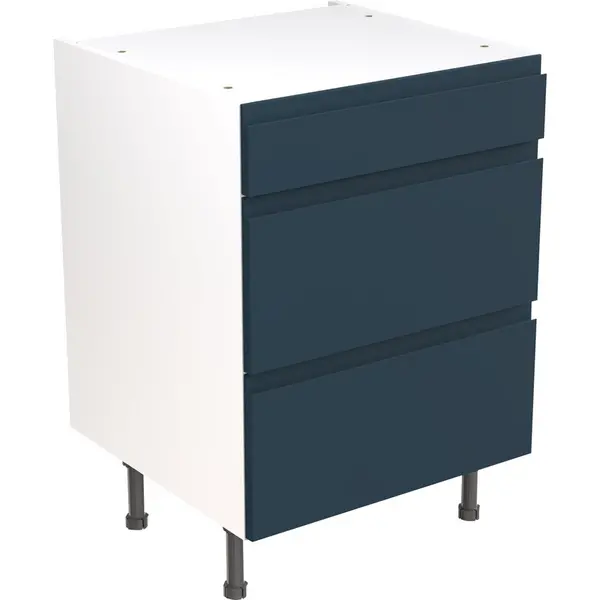 Image of Kitchen Kit Flatpack J-Pull Kitchen Cabinet Base 3 Drawer Unit Ultra Matt 600mm in Indigo Blue MFC