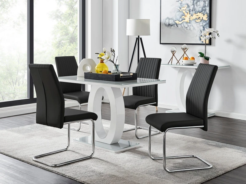 Image of FurnitureboxUK FurnitureboxUK Giovani Grey White Modern High Gloss And Glass Dining Table And 4 Lorenzo Chairs Set in Black One Size Unisex 5056