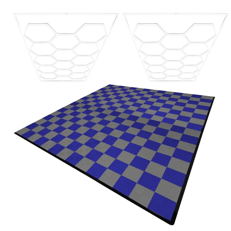 Image of Monstershop Hexagon LED Lights x 2 & Vented Garage Floor Tiles With Edges - 120 Grey & 120 Blue Grey