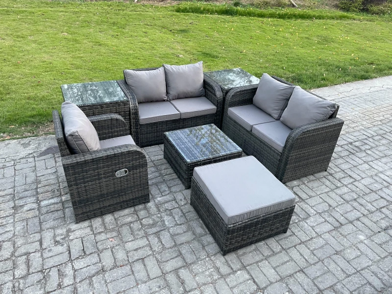 Image of Fimous 7 Piece Garden Furniture Sets 6 Seater Outdoor Patio Furniture Set Weaving Wicker Rattan Sofa Chair and Table with 2 Side Tables Big Footstool