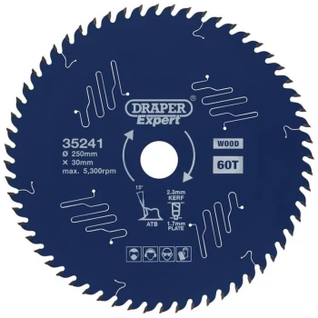 Image of Draper - 35241 Expert TCT Circular Saw Blade for Wood with PTFE Coating 250 x 30mm 60T