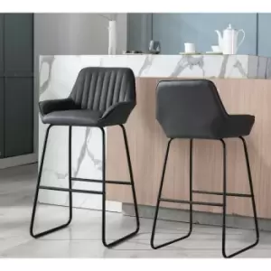 Image of Bar Stools Set of 2 Grey PU Bar Chairs Upholstered Seat with Armrest Black Metal Legs Backrest Dining Stools - grey