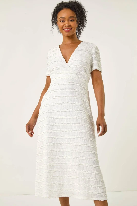 Image of Roman Womens Petite Ruffle Midi Wrap Dress in White Size: 16 White Female 16