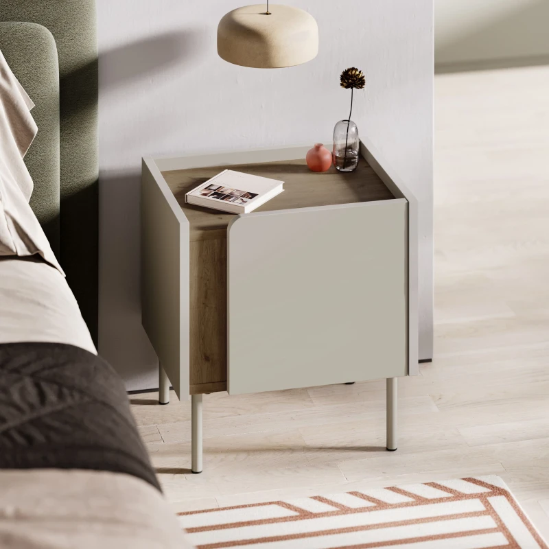 Image of Decortie Bedside Table With Soft-close Door & Metal Legs Natural Oak Sandstone, Multi 8.68363E+12
