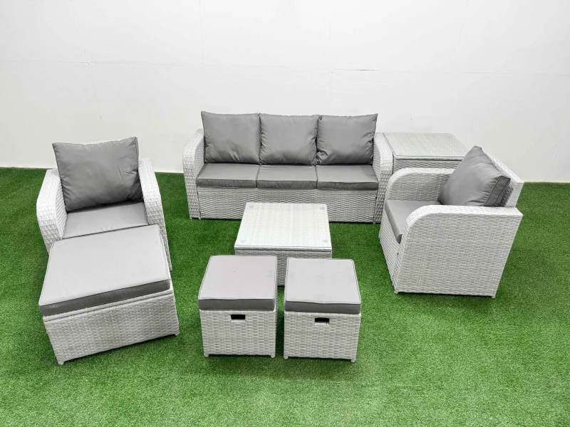 Image of Fimous PE Rattan Garden Furniture Set Reclining Chair Sofa Lounge Sofa Set Square Coffee Table Side Table 3 Stools Light Grey Light Grey
