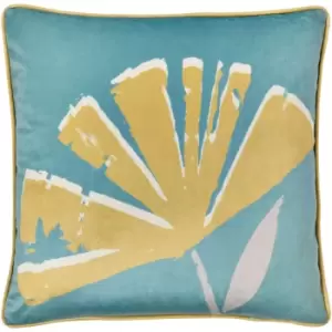 Image of Fusion - Alma Abstract Floral Print Velvet Piped Edge Filled Cushion, Teal, 43 x 43 Cm