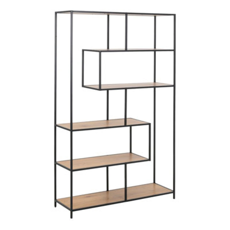 Image of Furniture To Go Seaford Black Metal Large Asymmetrical Bookcase With 5 Oak Shelves