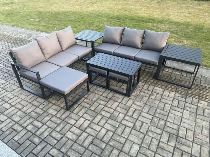 Image of Fimous Aluminium 9 Seater Garden Furniture Outdoor Patio Sofa Set with Rectangular Coffee Table 3 Footstools 2 Side Tables Dark Grey Dark Grey Unisex