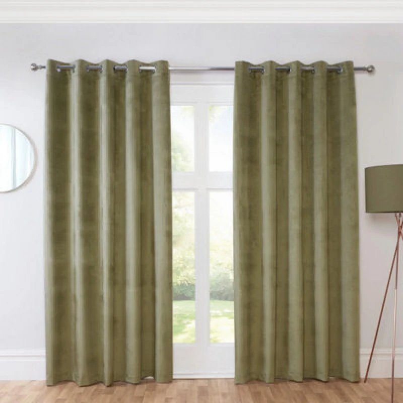 Image of Sundour Casa Blackout Ready Made Solid Colour Eyelet Velvet Curtains Green 90X72"