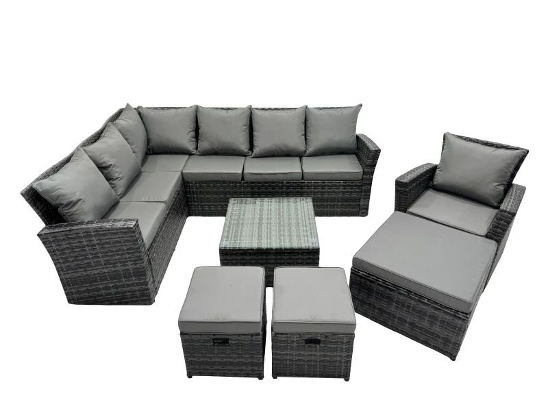 Image of Fimous Rattan Corner Sofa Set with 3 Stool Chair for Garden Backyard in Dark Grey Dark Grey Unisex