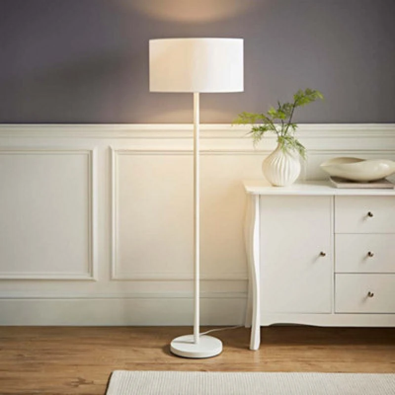 Image of ValueLights Charlie White Metal Single Stem Floor Lamp with Fabric Drum Lamp Shade White
