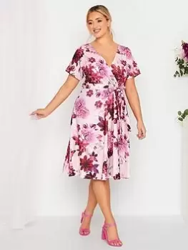Image of Yours Wrap Floral Skater Dress - Pink, Size 20, Women
