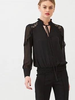 Image of Oasis Lace Trim Pussybow Blouse, Black, Size 8, Women