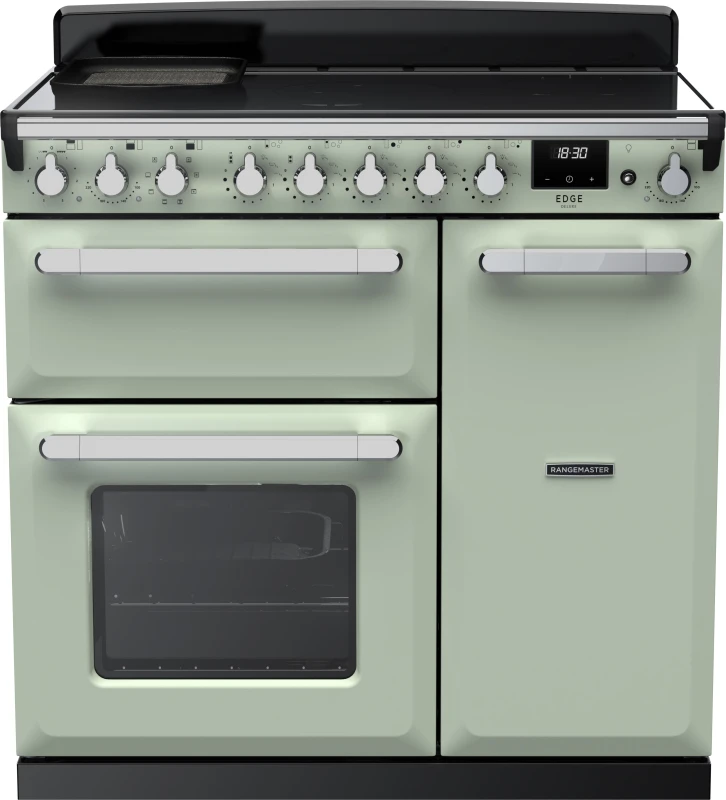 Image of Rangemaster Estel Deluxe ESDL90EIPMNT/CM1 90cm wide Electric Range Cooker with Induction Hob - Mint / Chrome - A/A Rated