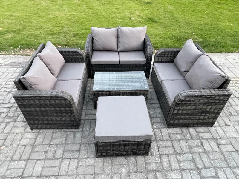Image of Fimous Outdoor Garden Furniture Sets 7 Seater Wicker Rattan Furniture Sofa Sets with Rectangular Coffee Table Love Sofa Big Footstool Dark Grey