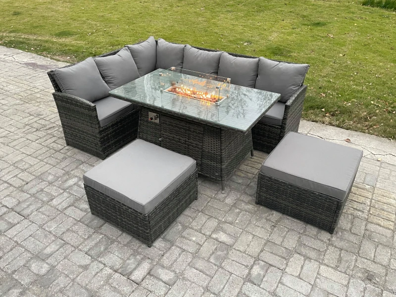 Image of Fimous 8 Seater Rattan Garden Furniture High Back Corner Sofa Gas Fire Pit Dining Table Sets Gas Heater with 2 Big Footstool Dark Grey Mixed Dark Grey