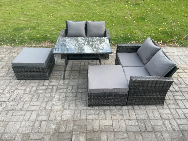 Image of Fimous 6 Seater Wicker PE Rattan Garden Dining Set Outdoor Furniture Sofa with Rectangular Dining Table Double Seat Sofa 2 Big Footstool in Dark Grey