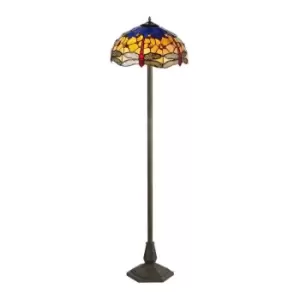 Image of Luminosa Lighting - 2 Light Octagonal Floor Lamp E27 With 40cm Tiffany Shade, Blue, Orange, Crystal, Aged Antique Brass