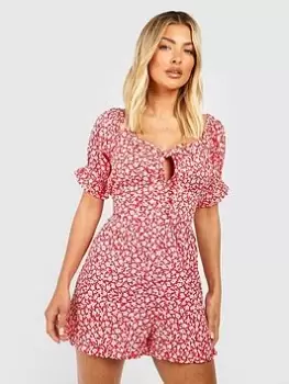 Image of Boohoo Floral Puff Sleeve Playsuit - Red, Size 8, Women