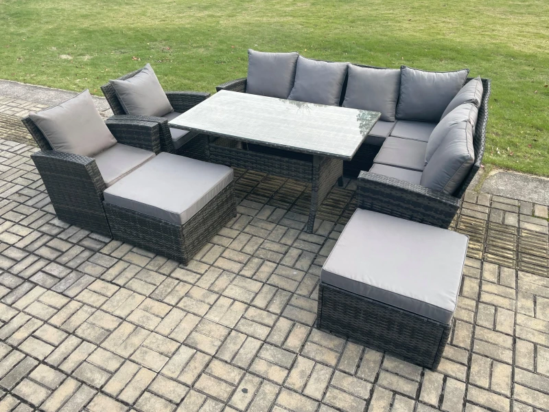 Image of Fimous 10 Seater Garden Rattan Furniture Corner Sofa Dining Table Chair Set with 2 Big Footstool 2 Armchairs Indoor Outdoor Lounge Sofa Set Dark Grey